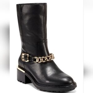 VINCE CAMUTO KASHILLA CHAIN-LINK LEATHER MOTO BOOT WOMEN'S SIZE 7M BLACK NWOB